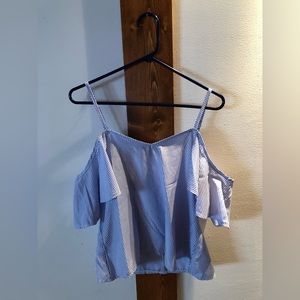 Women’s blue and white striped off shoulder blouse, medium